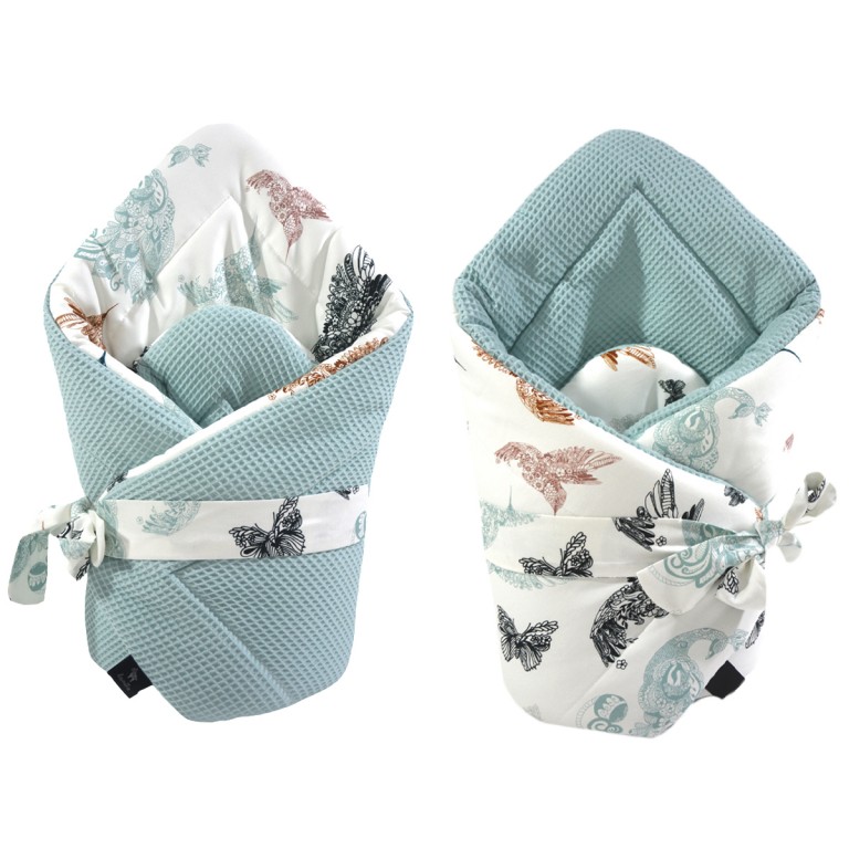 Cone Coverlet Pastel Mint Mandala Birds - Waffel